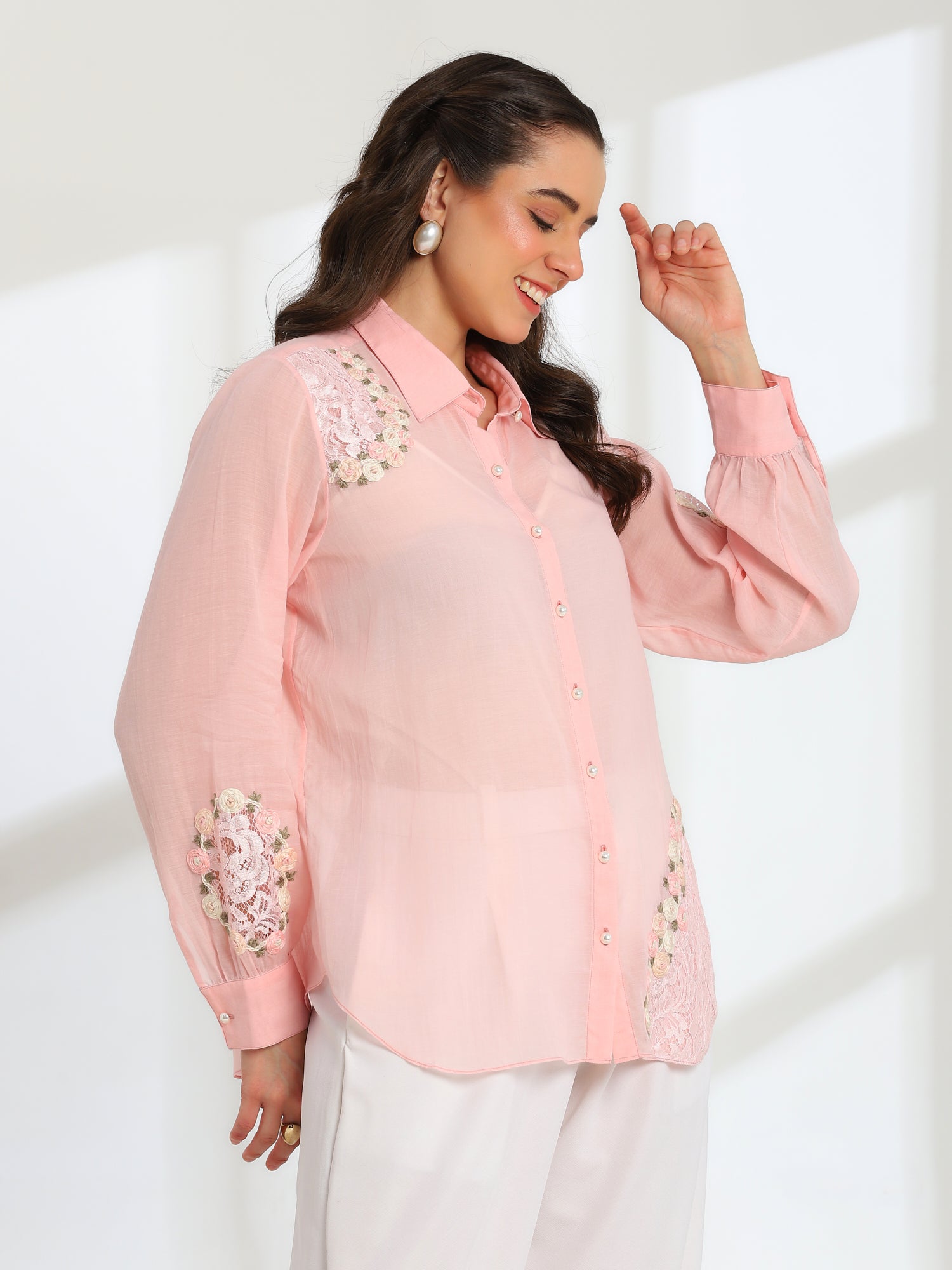 Pink Rose Garden Hand Embroidered French lace Mul Shirt
