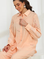 Spring Peach Hand Embroidered French lace Silk Co-ord Set - Dareiss