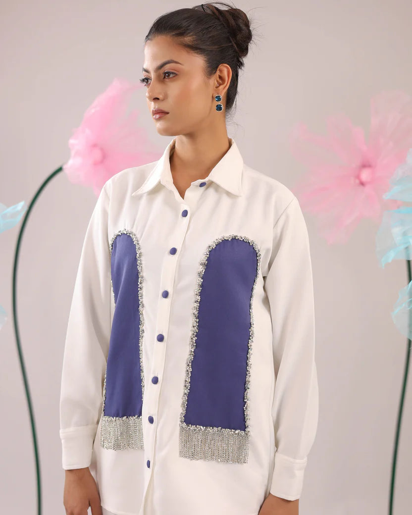 THE WHITE AND PRUPLE STONE TASSEL CRAPE SHIRT