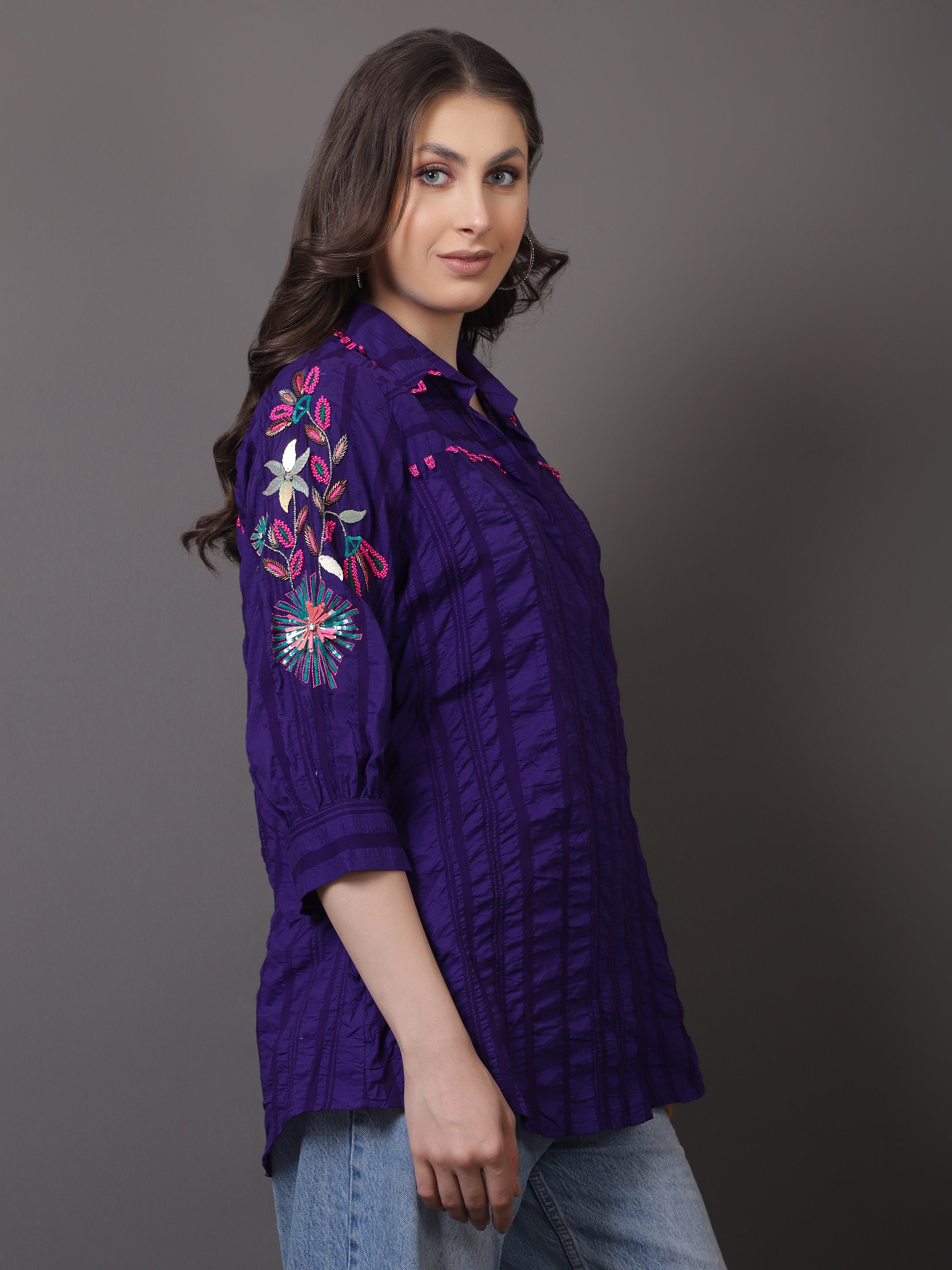 Purple Crushed Embroidered Shirt