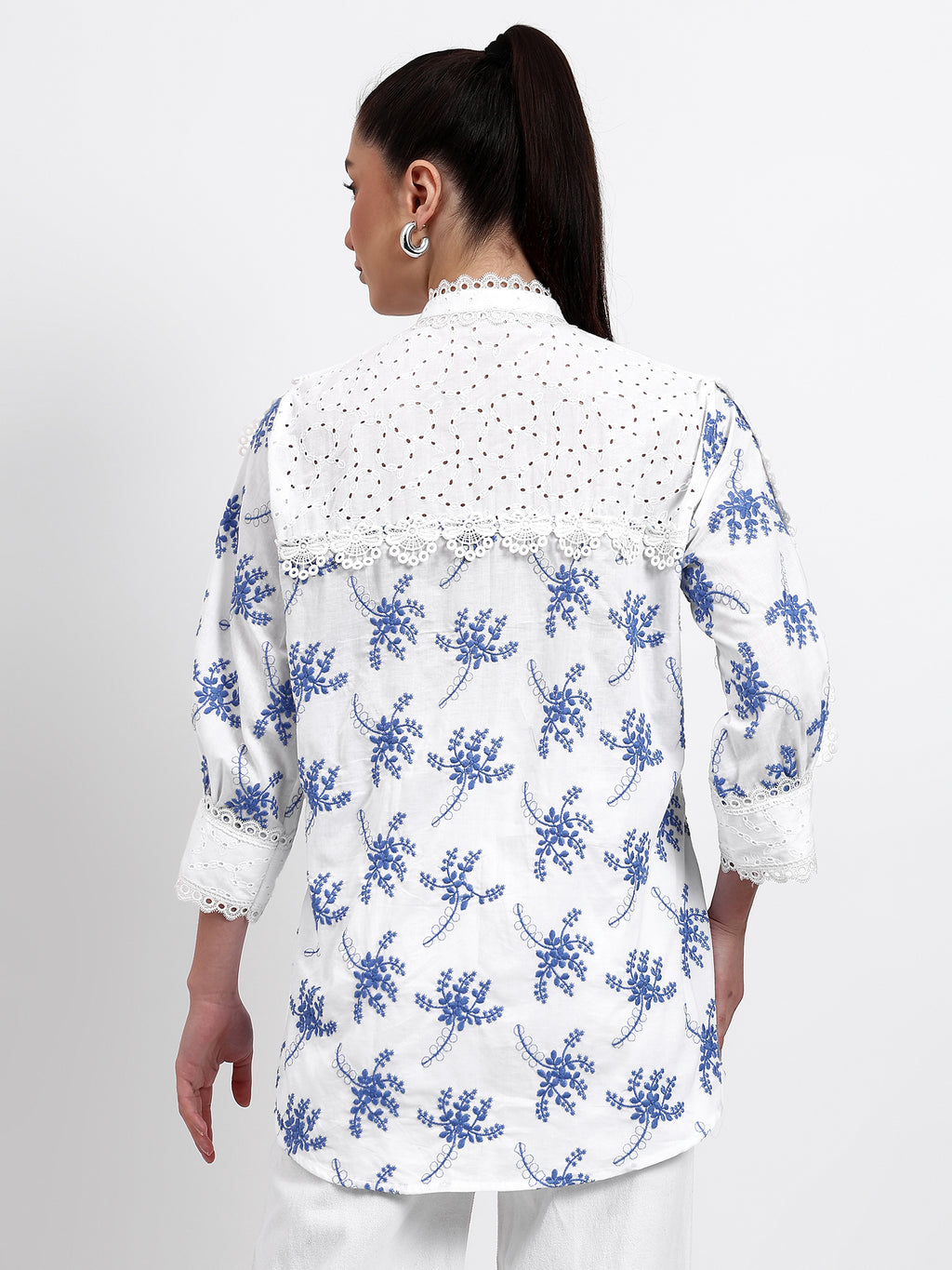 White Chikan and Boota Lace Shirt