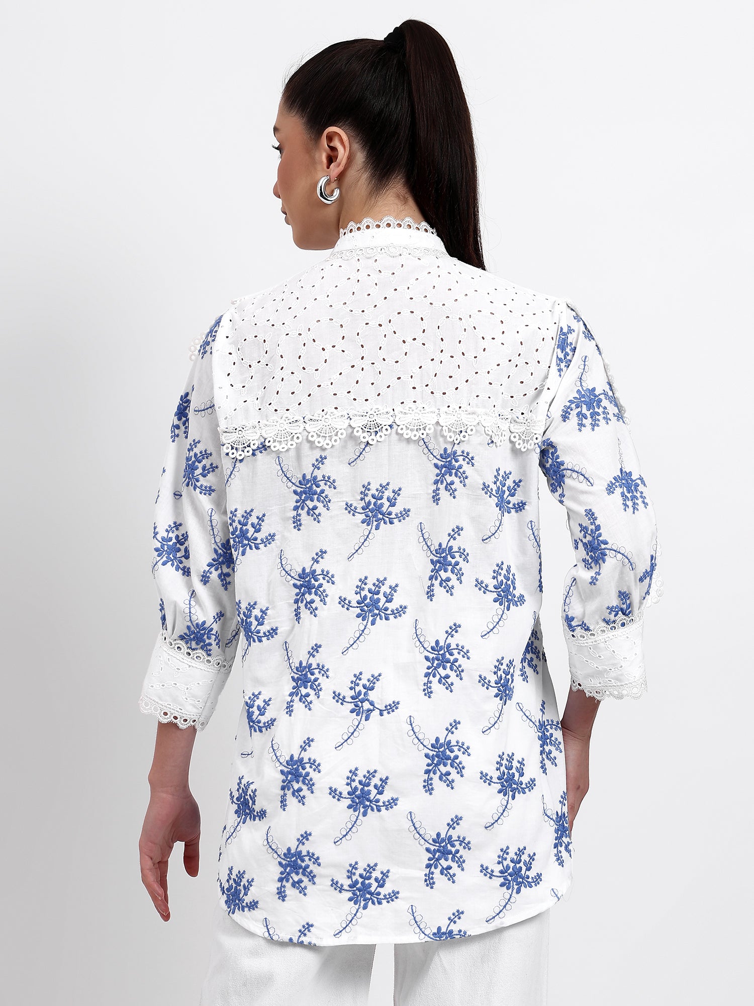 White Chikan and Boota Lace Shirt