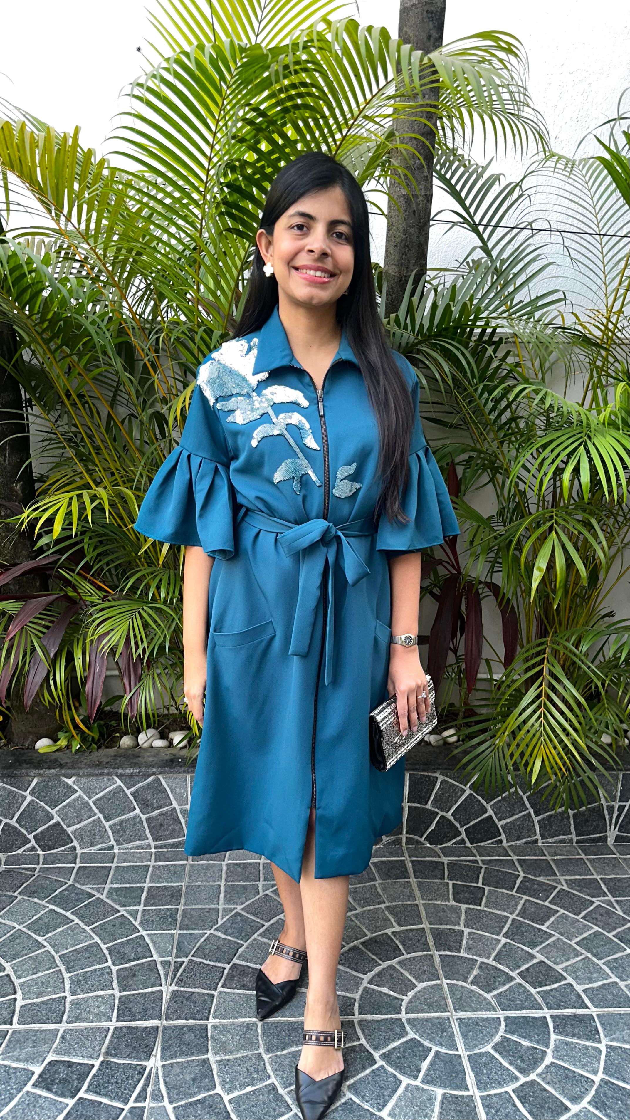 Teal Green Embroidered Zip Dress - Label Shall