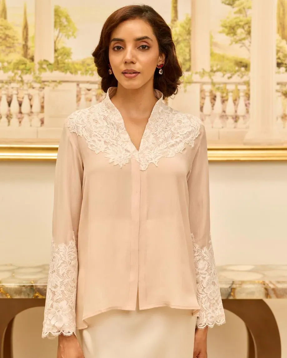 Lunaria Misty Rose French Lace Crepe Top