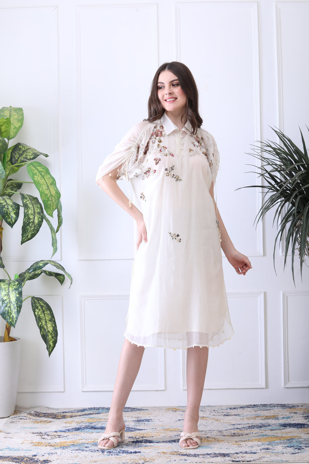 Peter White Embroidered Chanderi Midi Dress