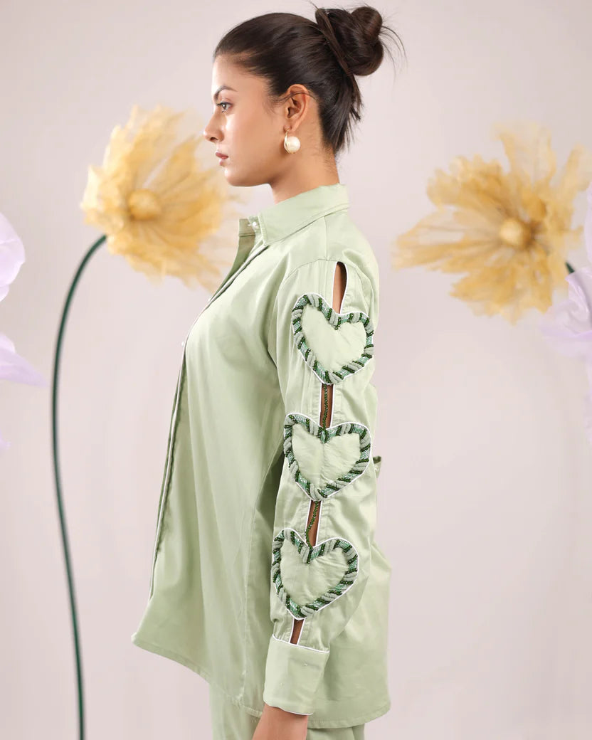THE MINT GREEN HEART SLEEVE EMBELLISHED COTTON SHIRT WITH WIDE PLACKET