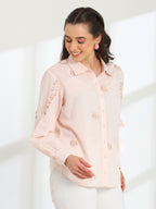 Spring Pink Hand Embroidered French lace Silk Cotton Shirt
