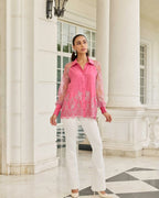 Fuchsia Duchess Pink Hand Embellished French Lace Habotai Silk Shirt
