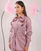 THE DIRTY PINK GATHERED WAIST TIE UP COTTON SHIRT WITH BIRD EMBELLISHMENTS