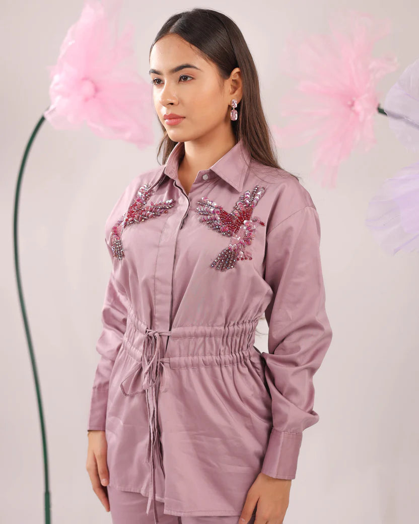 THE DIRTY PINK GATHERED WAIST TIE UP COTTON SHIRT WITH BIRD EMBELLISHMENTS