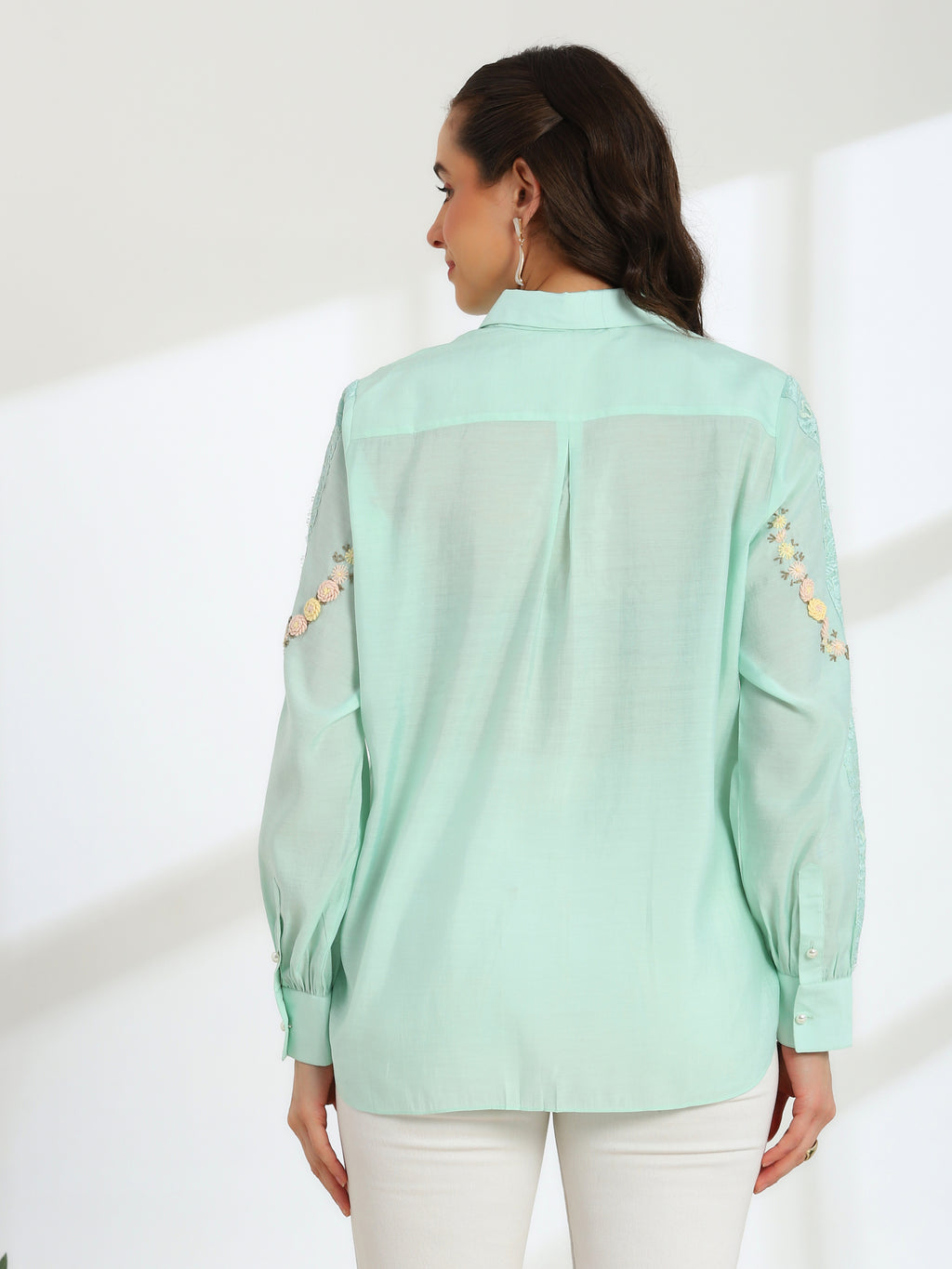 Spring Mint Hand Embroidered French lace Silk Cotton Shirt