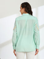 Spring Mint Hand Embroidered French lace Silk Cotton Shirt
