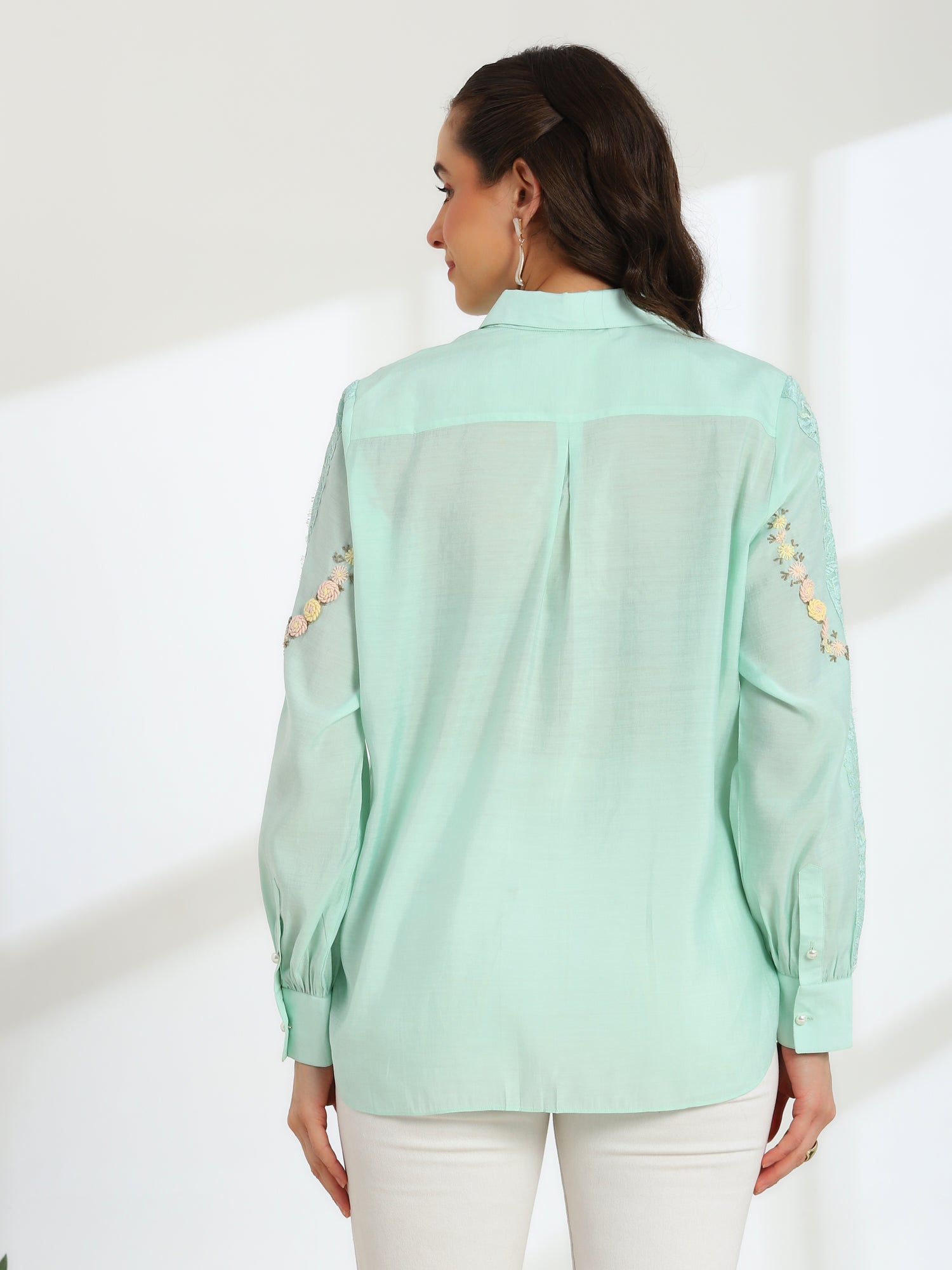 Spring Mint Hand Embroidered French lace Silk Cotton Shirt