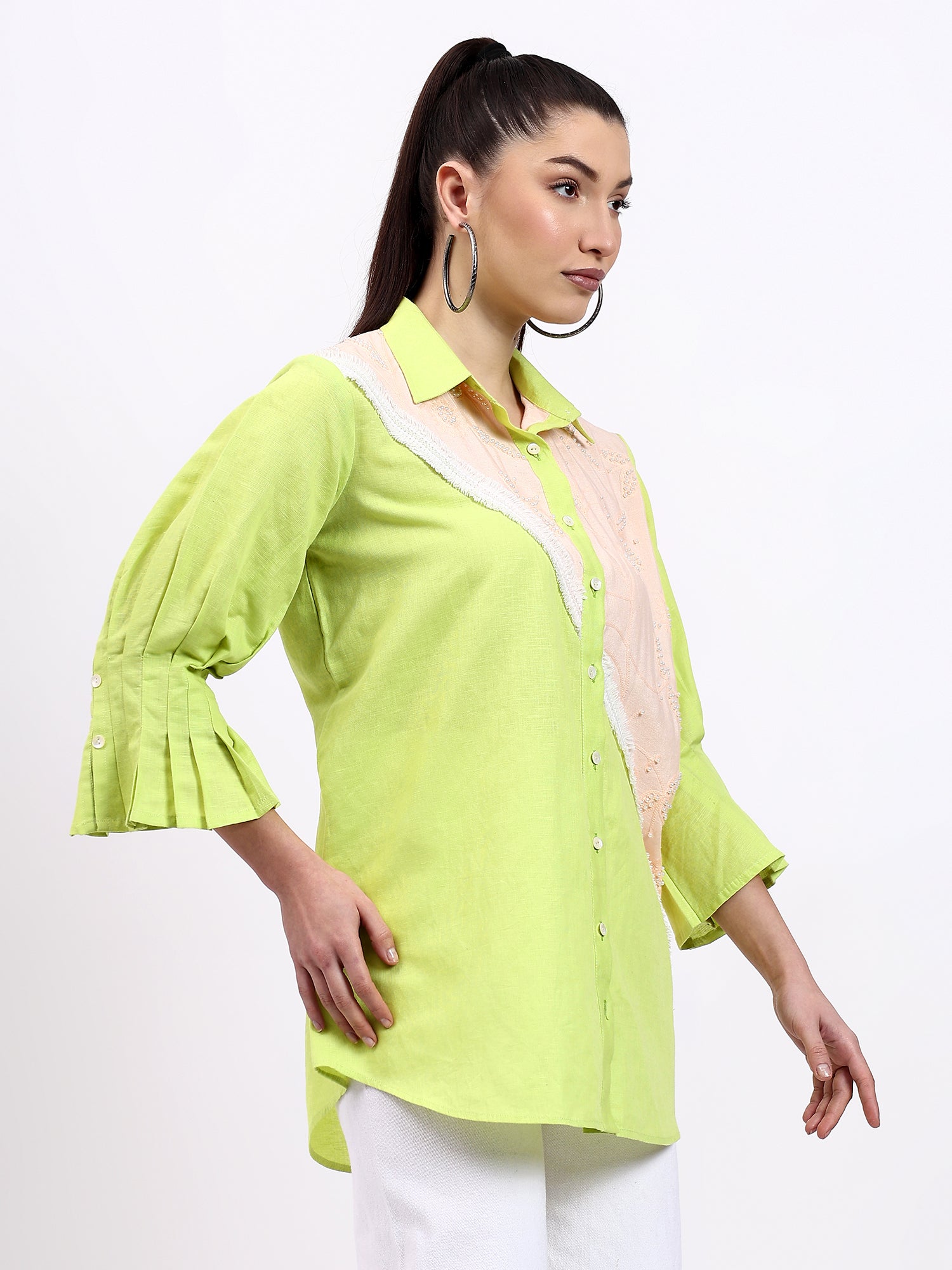 Green and Peach Lace detailing shirt with pearl touch