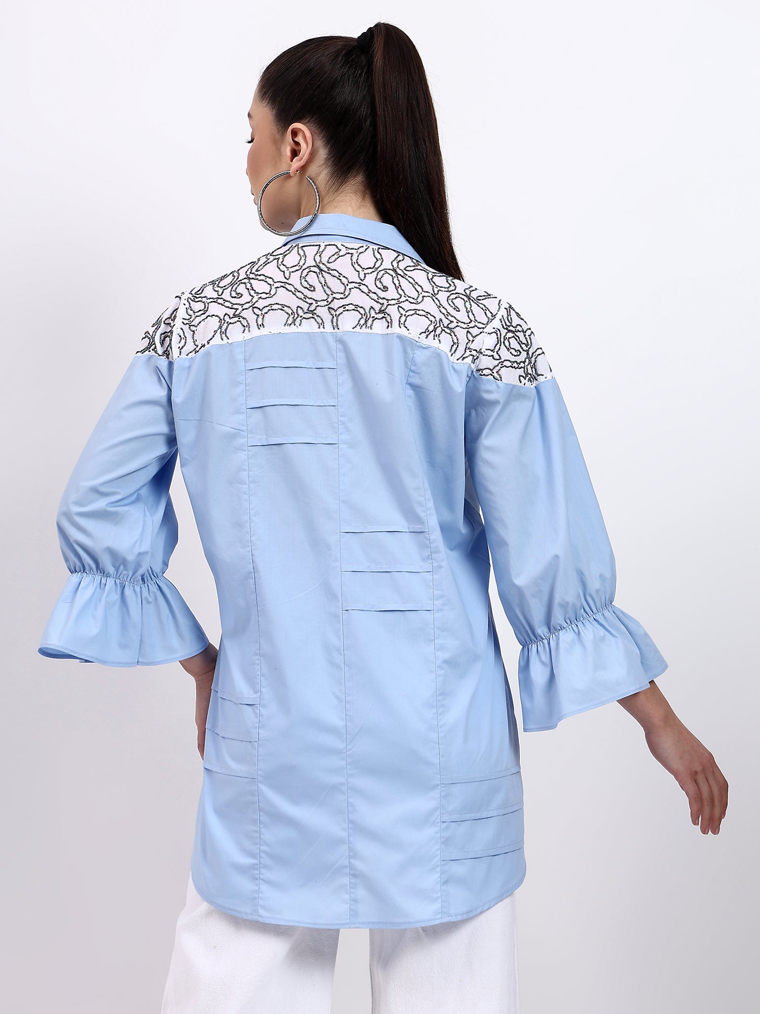 Blue poplin and white chikan embroidered shirt