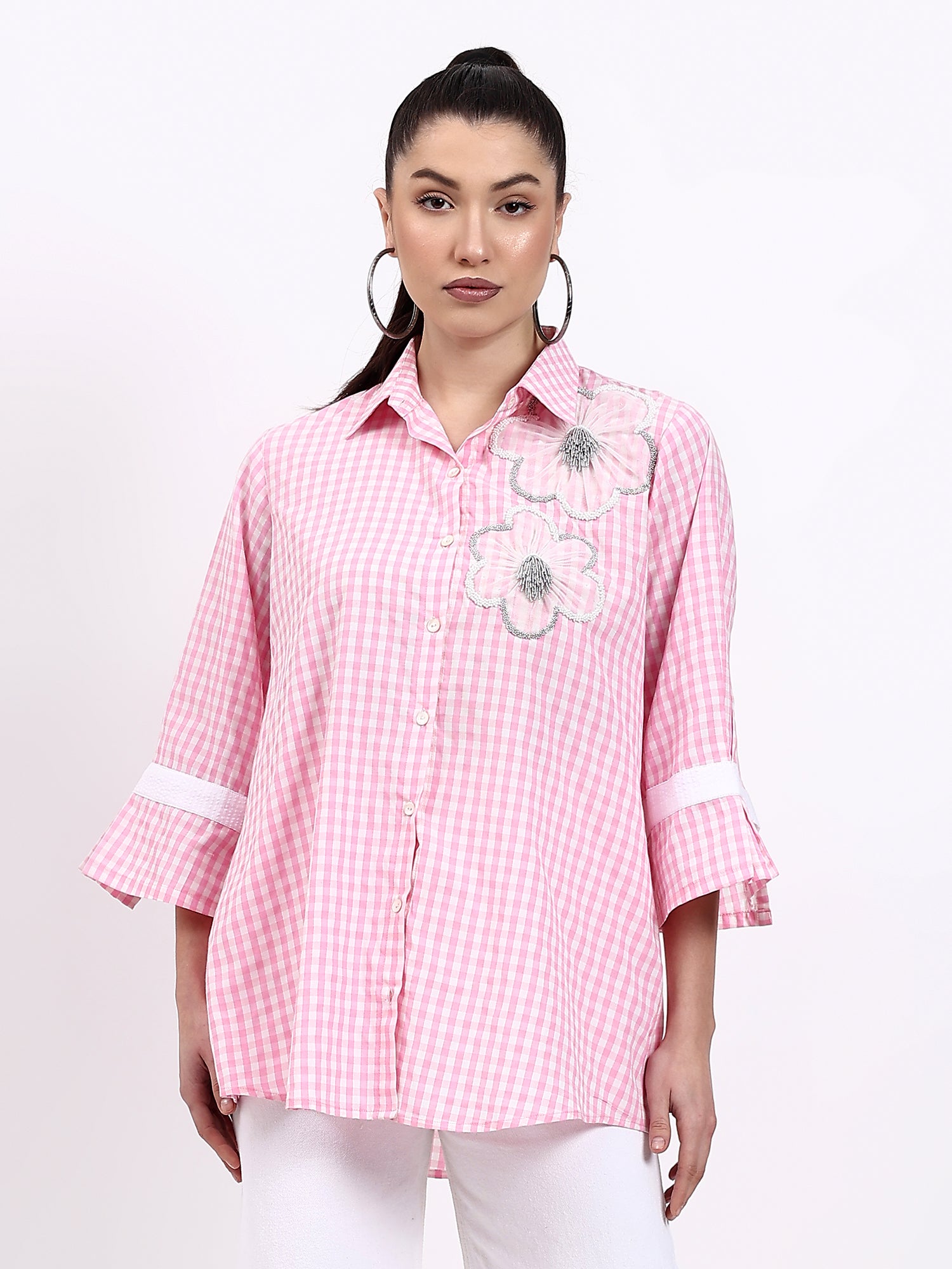 Pink Check Embroidered Shirt - Gagan Vohra