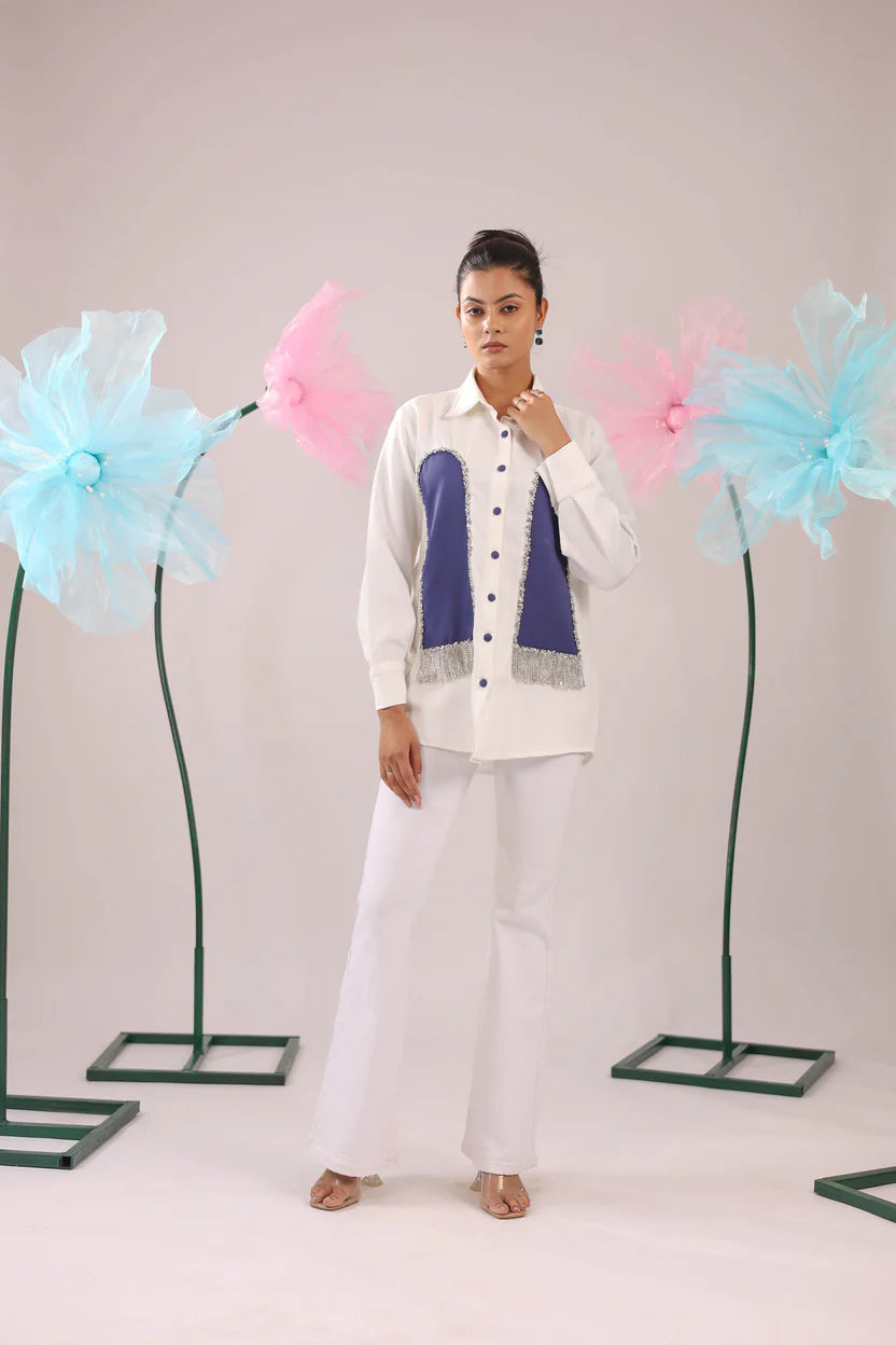 THE WHITE AND PRUPLE STONE TASSEL CRAPE SHIRT