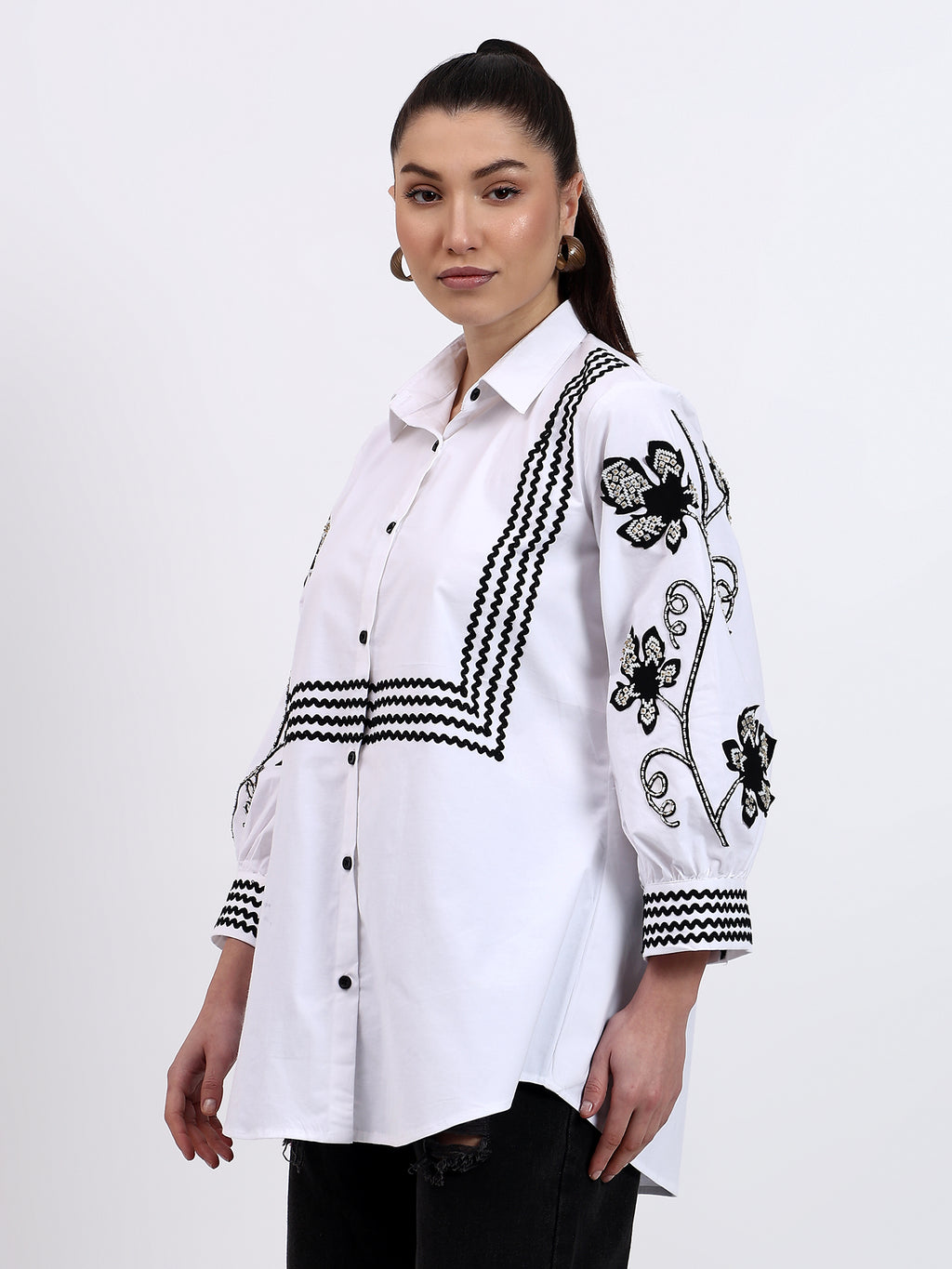 White Ric Rac Embroidered Shirt
