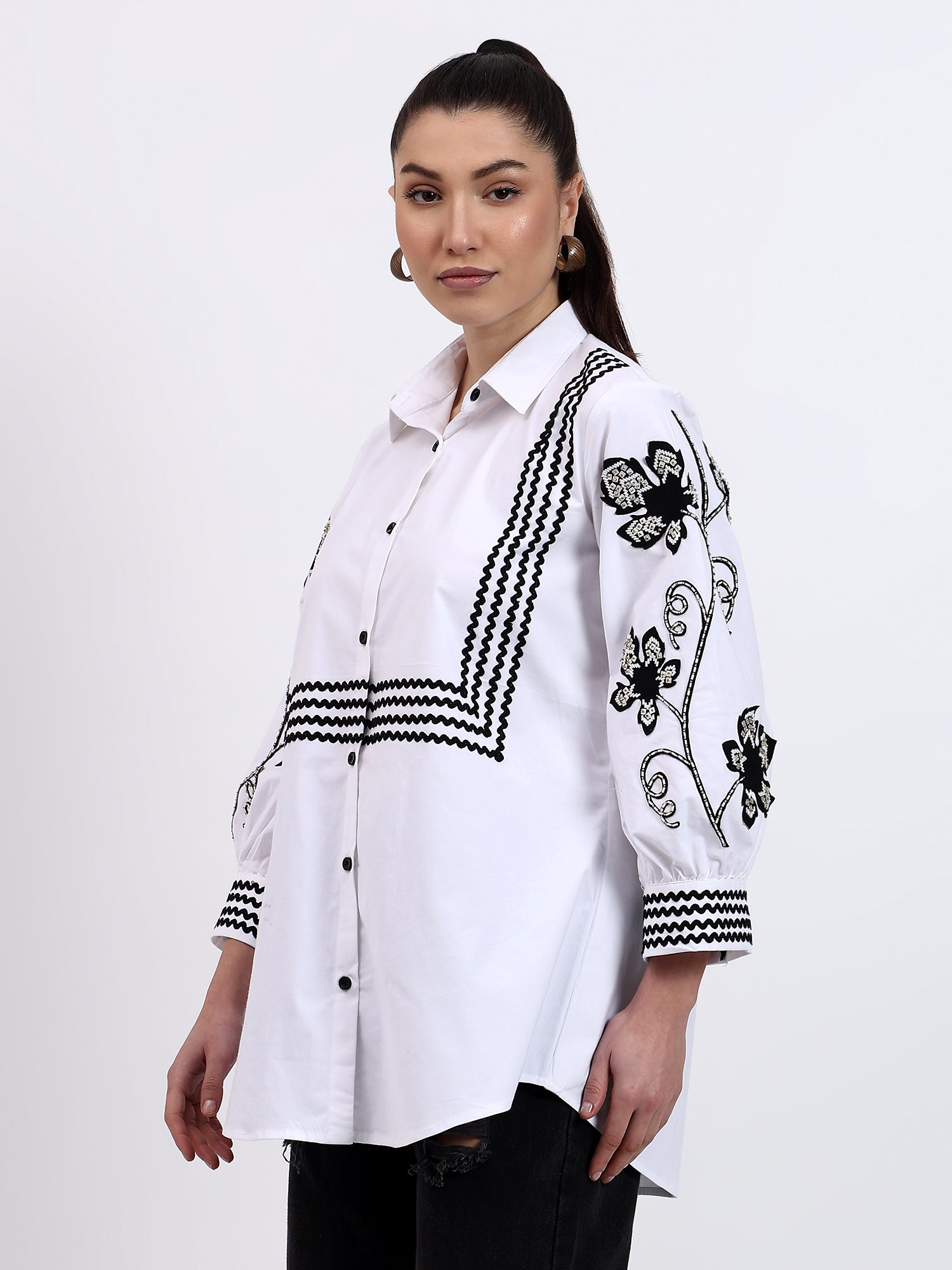 White Ric Rac Embroidered Shirt