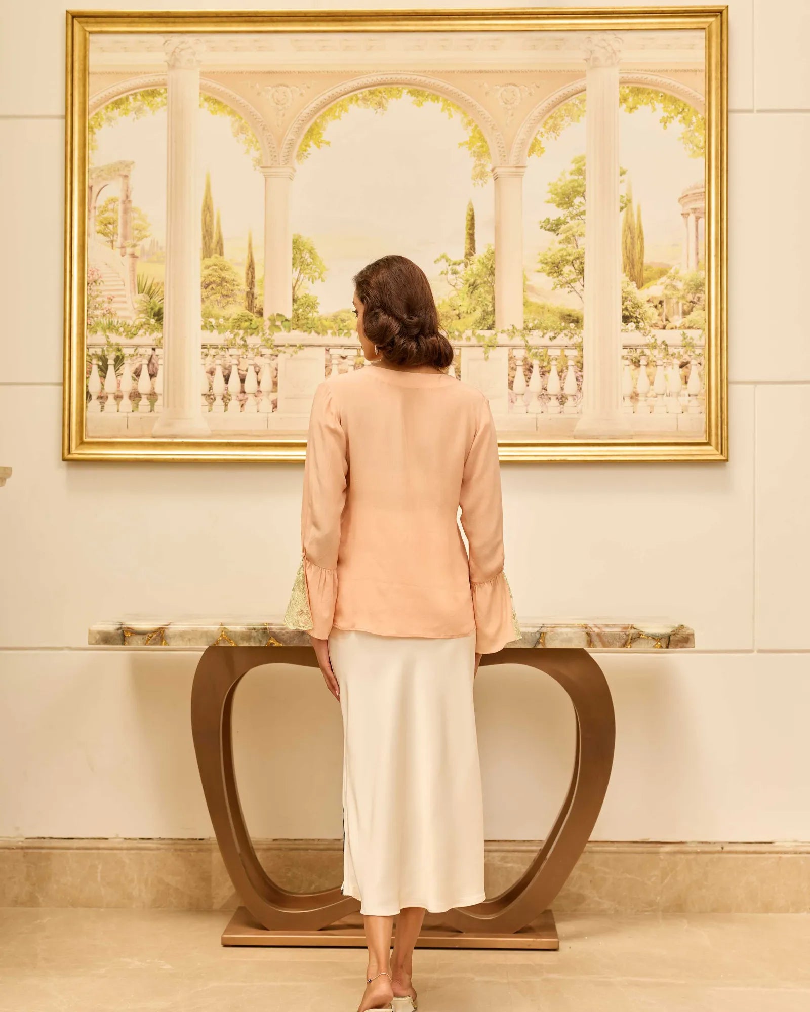 Serenade Peach Hand Embroidered French Lace Crepe Silk Top - Dareiss