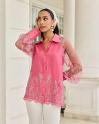 Fuchsia Duchess Pink Hand Embellished French Lace Habotai Silk Shirt