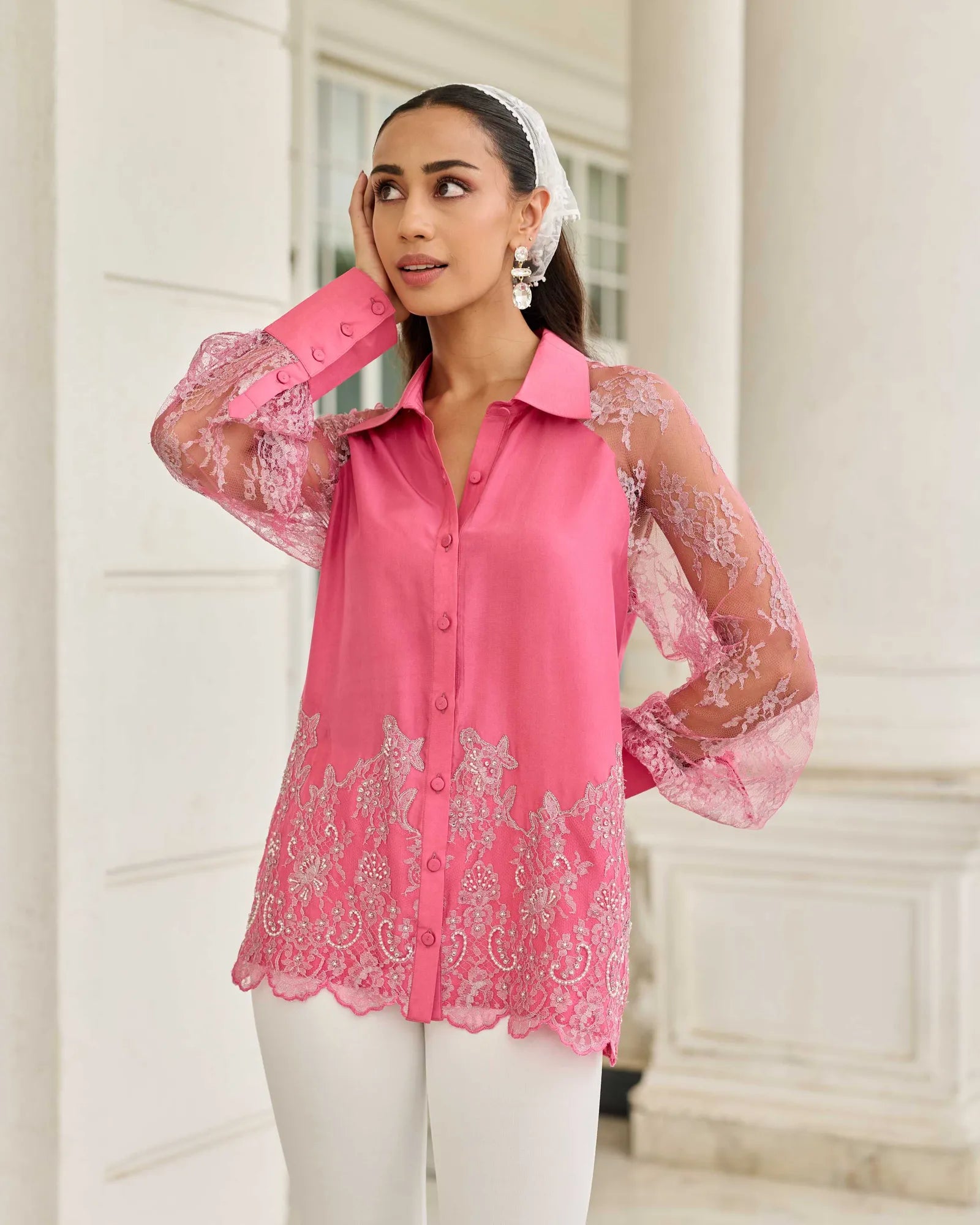 Fuchsia Duchess Pink Hand Embellished French Lace Habotai Silk Shirt
