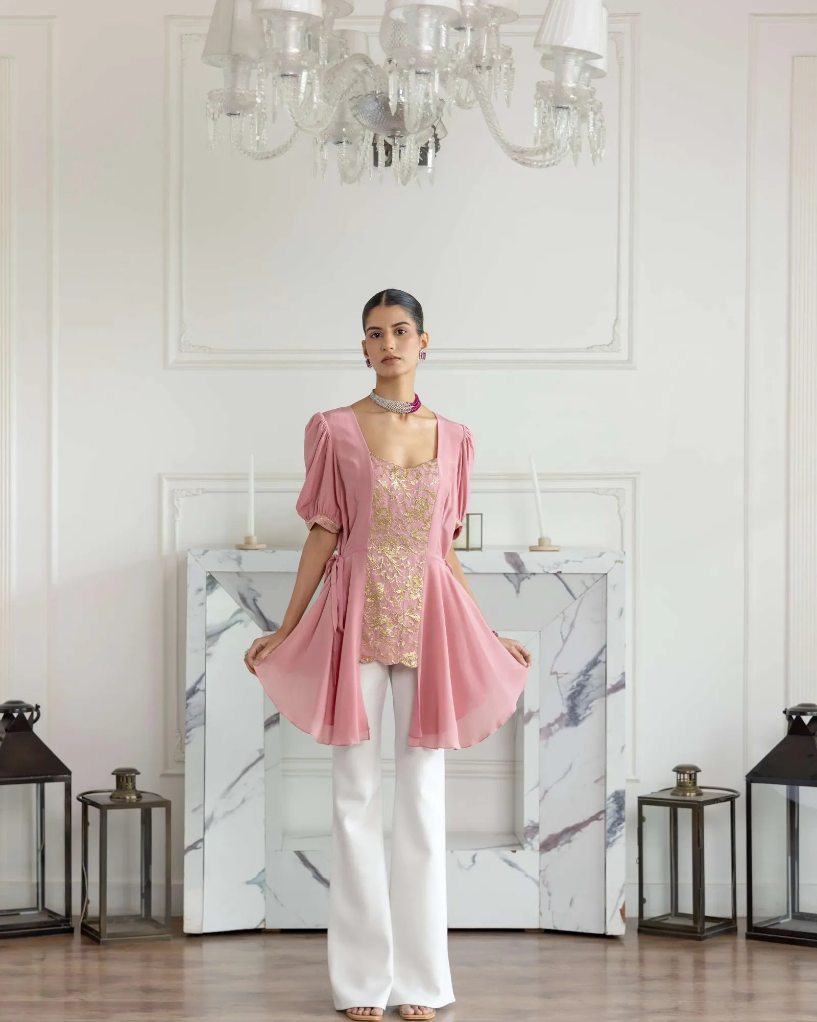 Dahlia Blossom Pink Mettalic French Lace Crepe Top