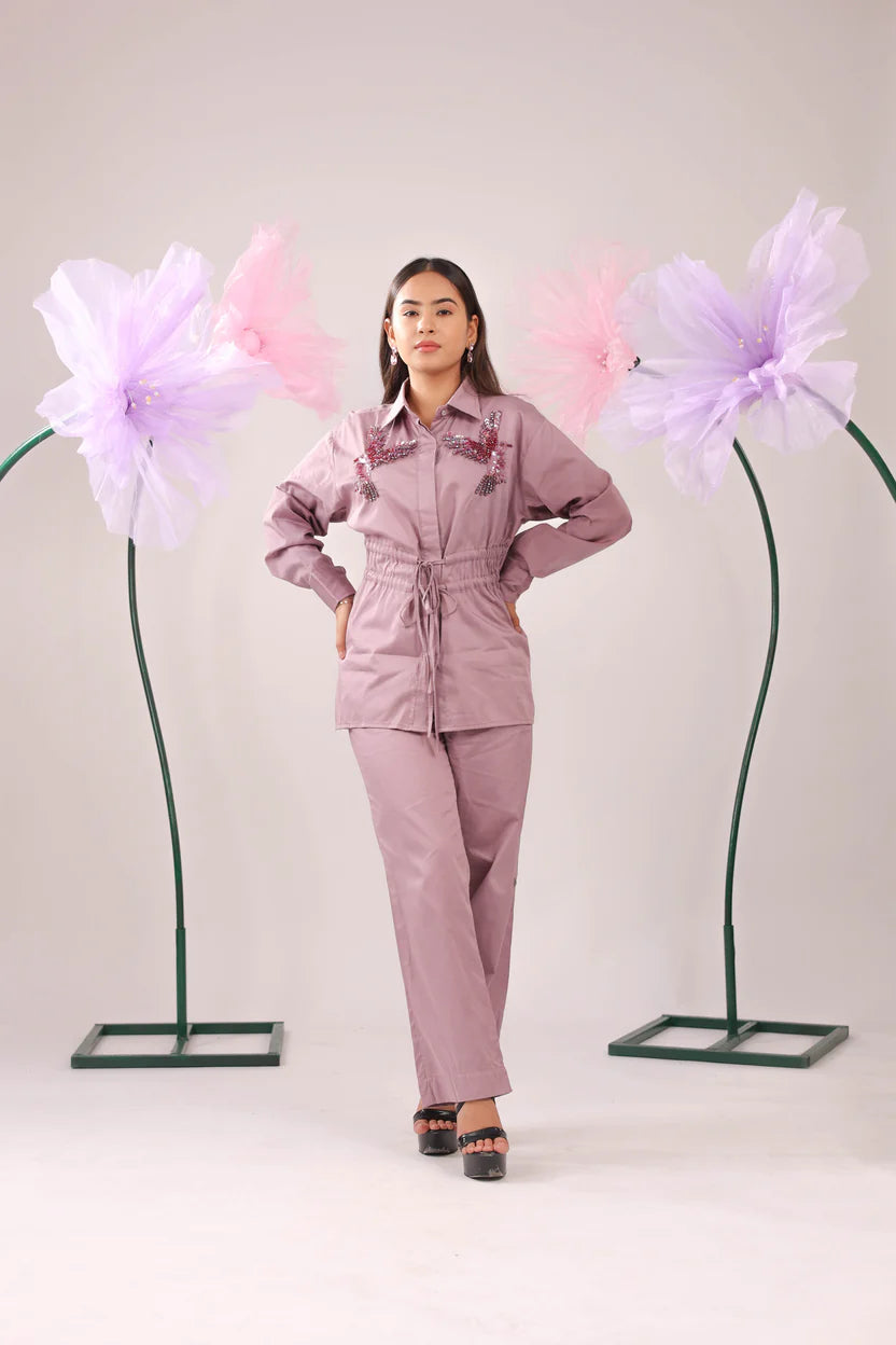 THE DIRTY PINK GATHERED WAIST TIE UP COTTON SHIRT WITH BIRD EMBELLISHMENTS