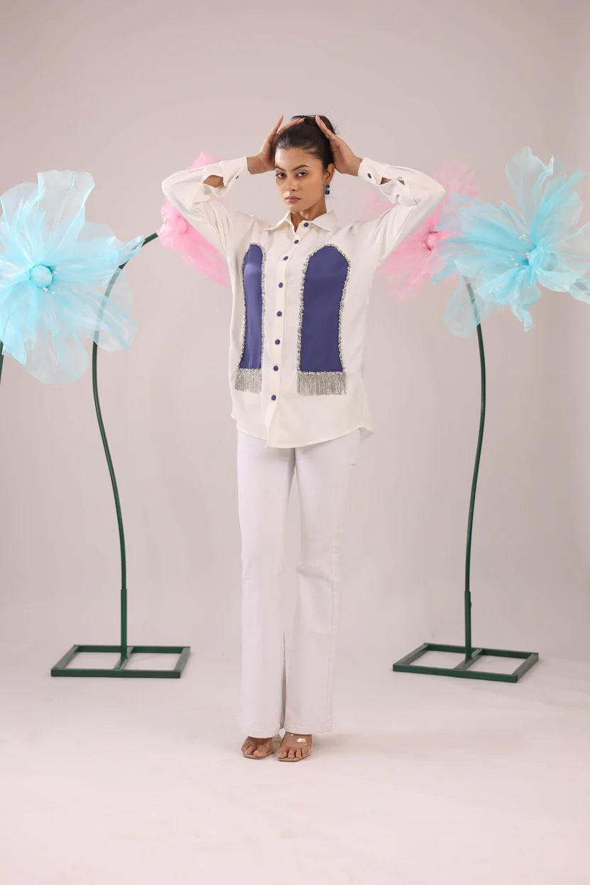 THE WHITE AND PRUPLE STONE TASSEL CRAPE SHIRT