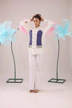 THE WHITE AND PRUPLE STONE TASSEL CRAPE SHIRT