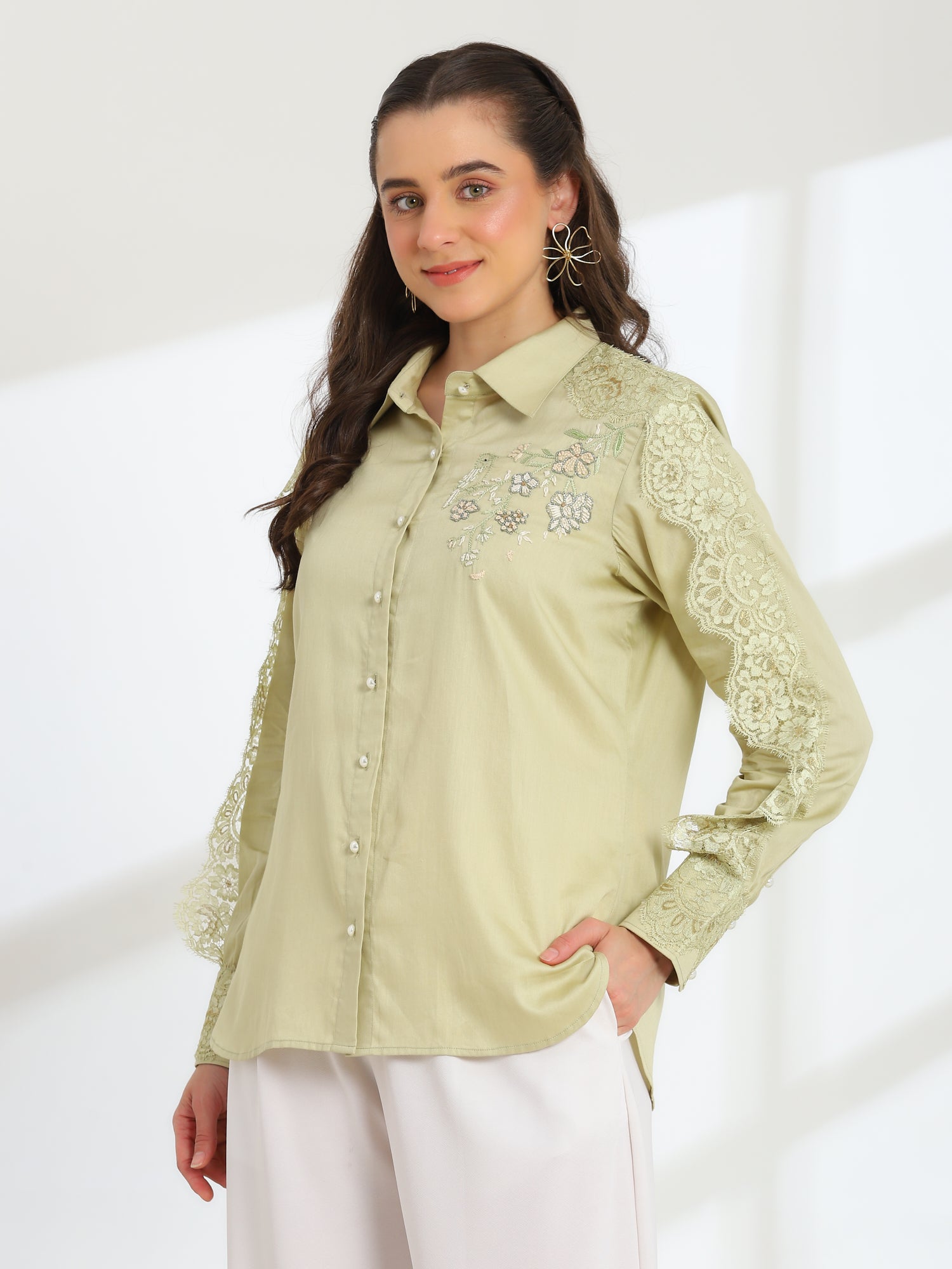Soft Fern Hand Embroidered French lace Glazed Cotton Shirt