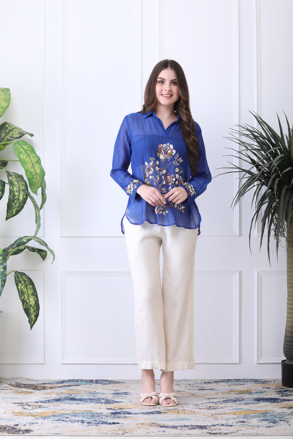 Conor Blue Embroidered Chanderi Top with Ivory Pants