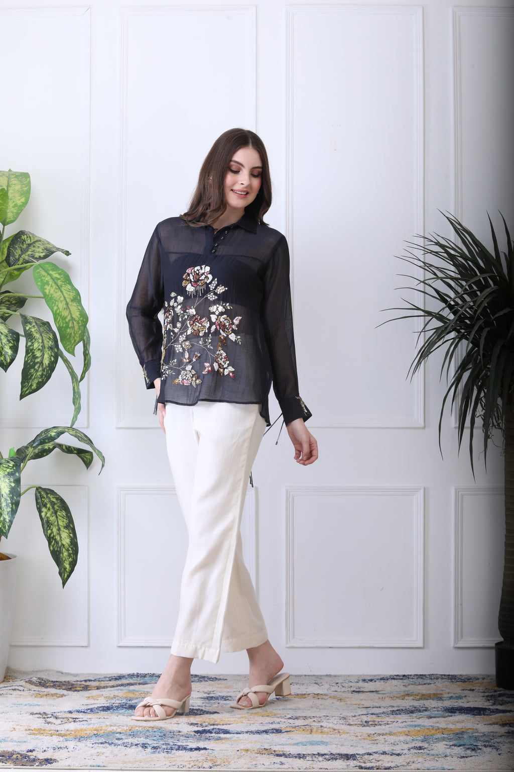Conor Black Embroidered Chanderi Top with Ivory Pants