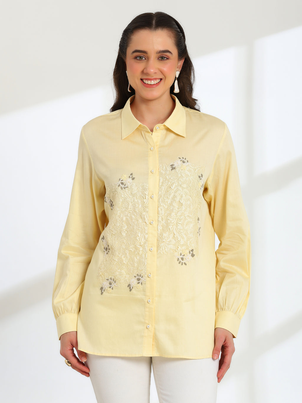 Butter Bloom Yellow Hand Embroidered French lace Cotton Shirt