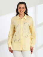 Butter Bloom Yellow Hand Embroidered French lace Cotton Shirt