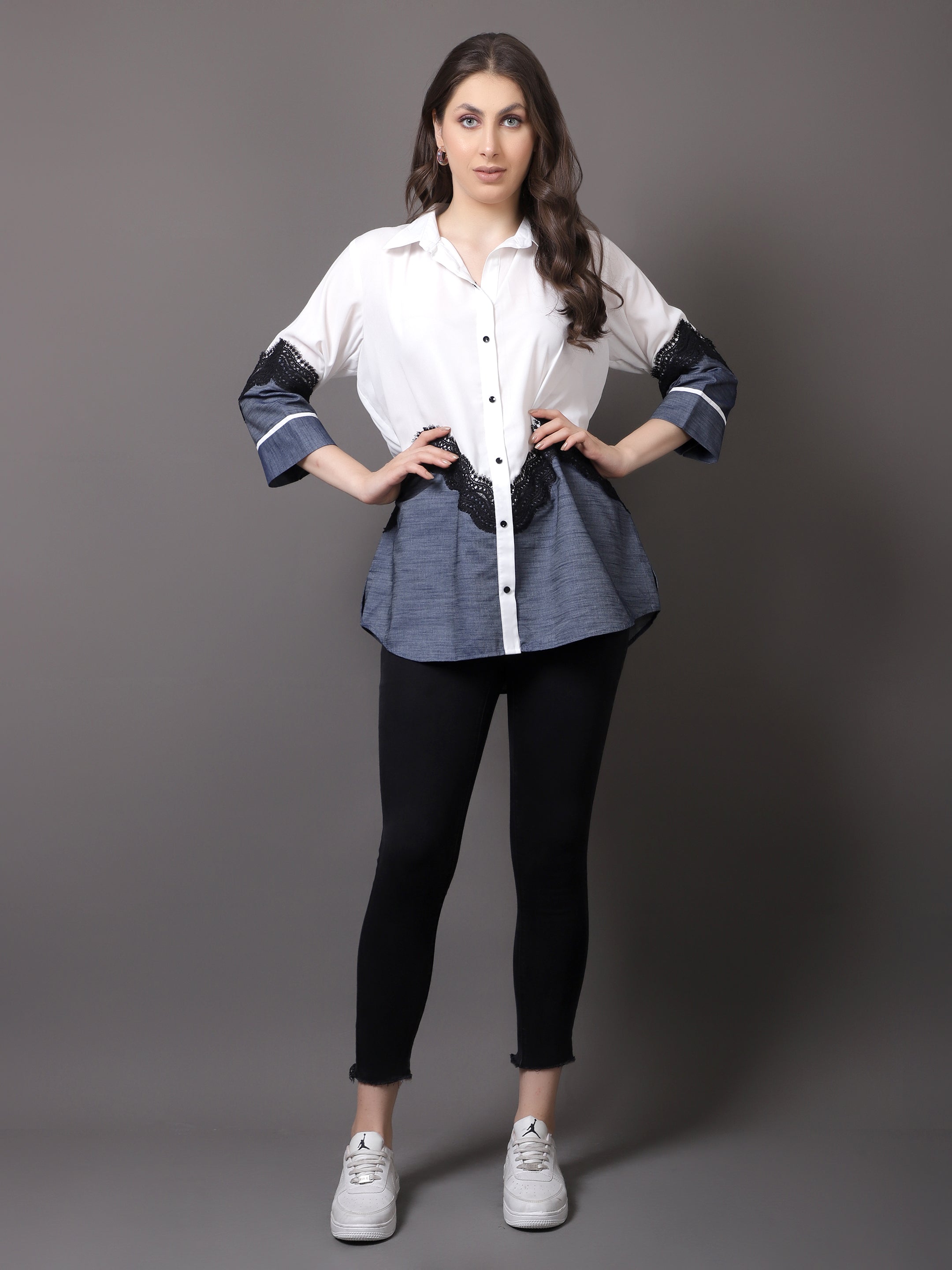 White Georgette and denim shirt with lace detailing - Gagan Vohra