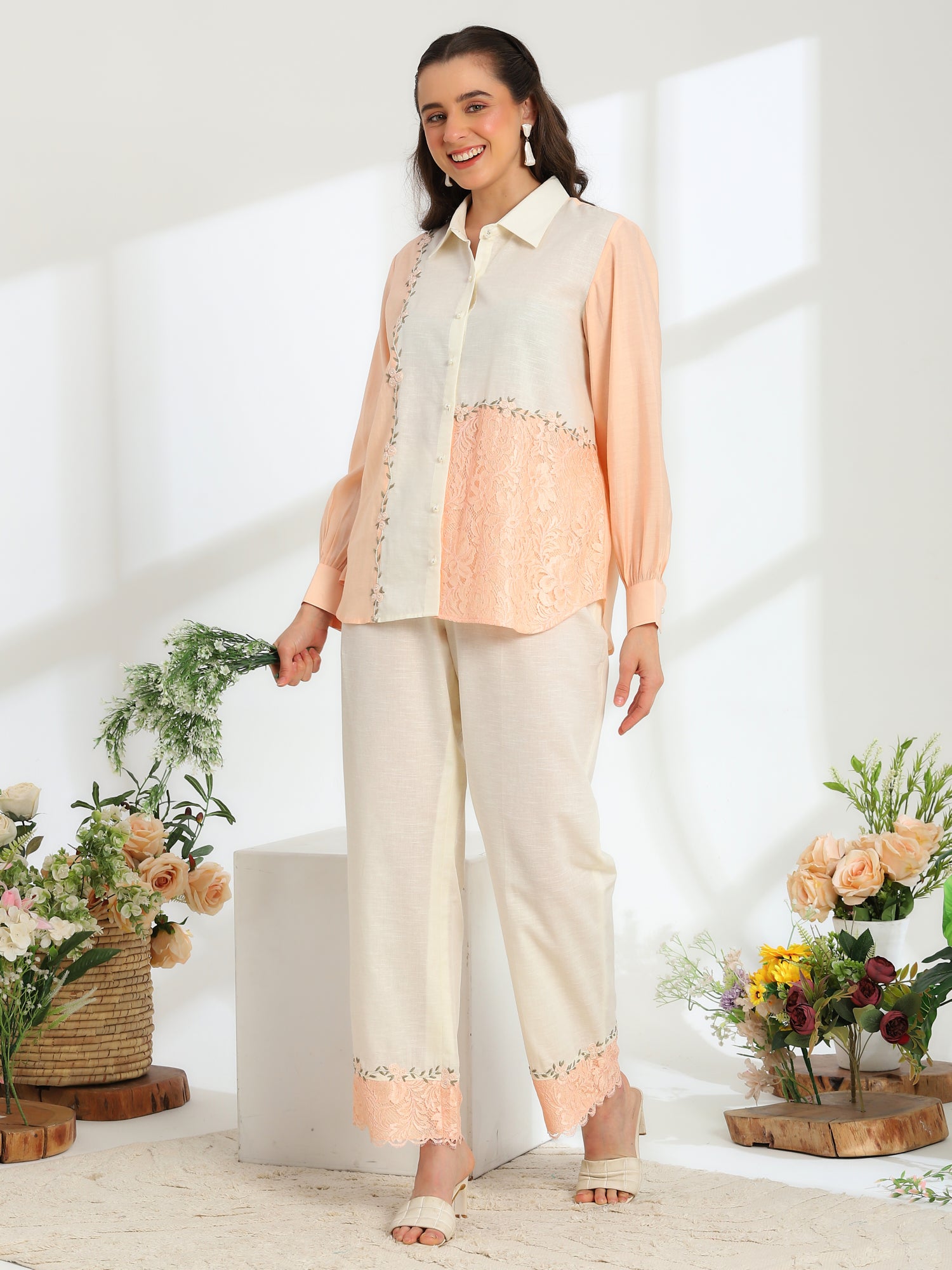 Floréa Peach Hand Embroidered French lace Silk Linen Co-ord Set