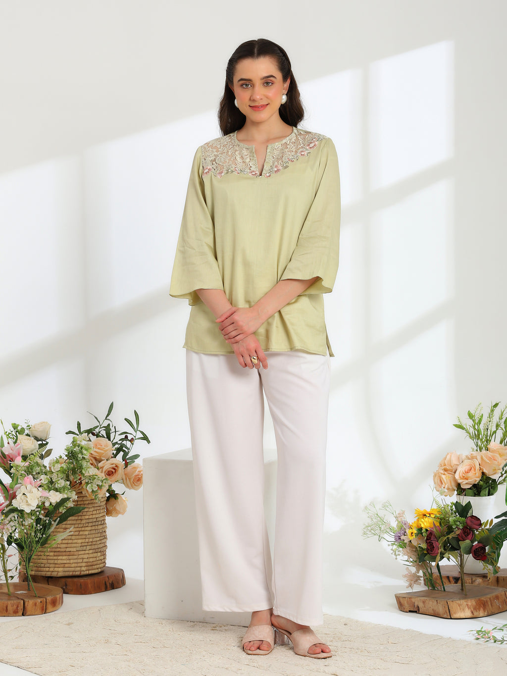 Jade Blossom Embroidered French lace cotton  shirt