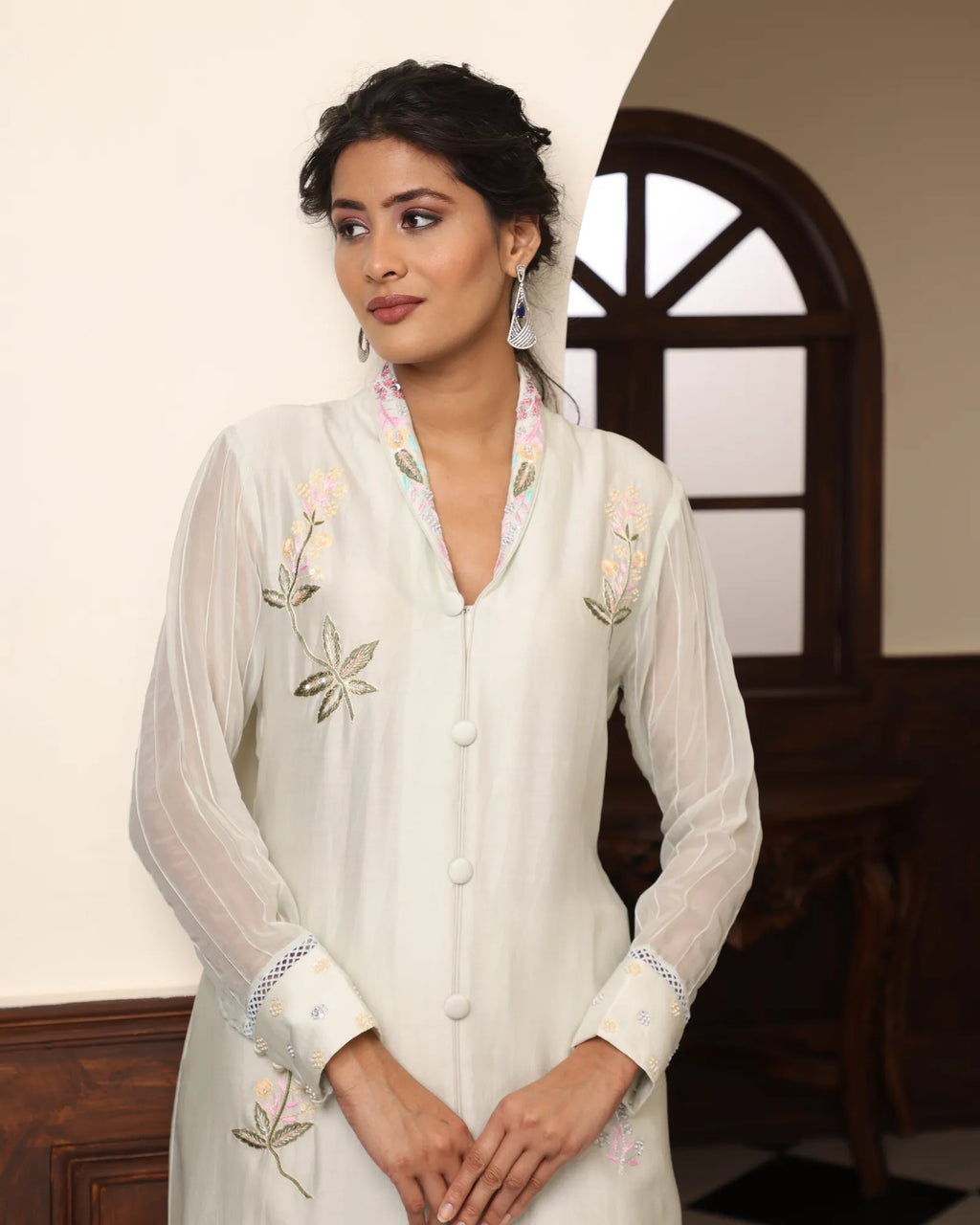 Mint Green Embroidered Fusion Set - BloomIt