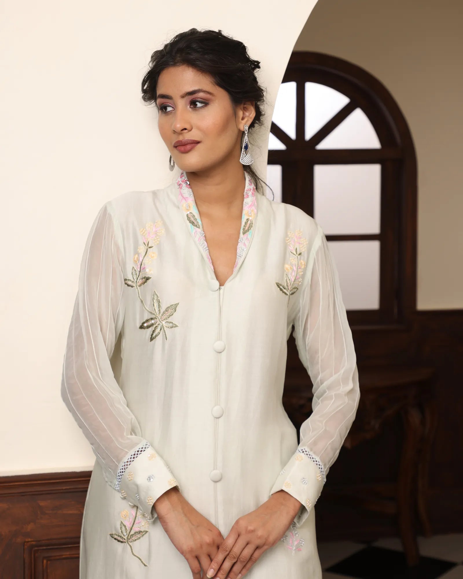 Mint Green Embroidered Fusion Set - BloomIt