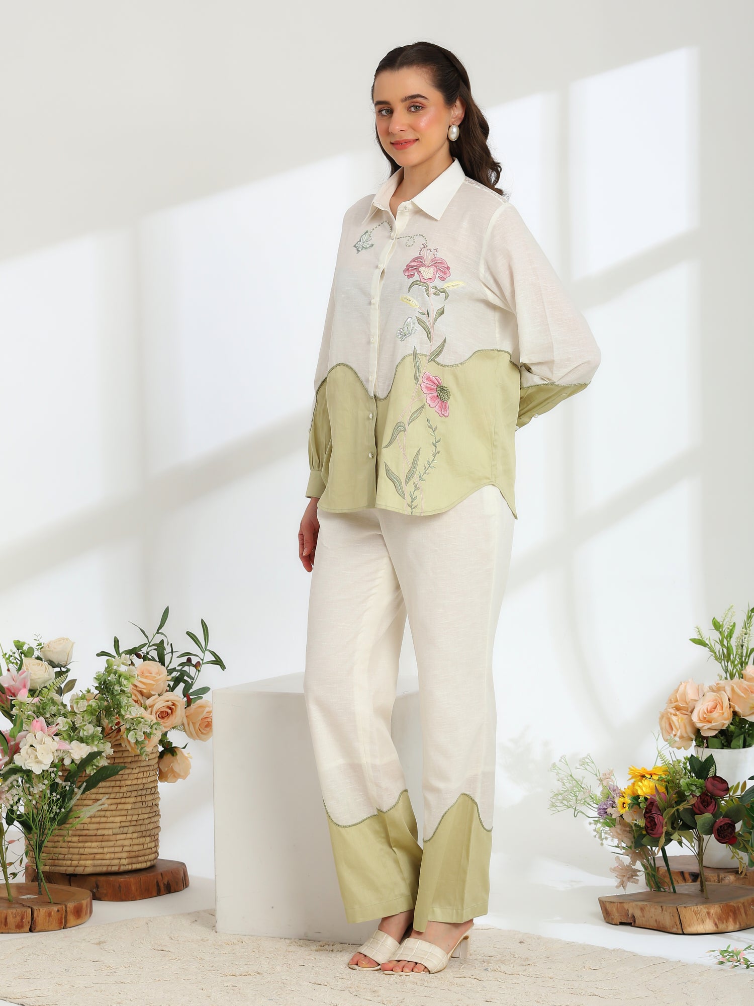 Ether Sage Green Embroidered French lace Silk Linen Co-ord Set