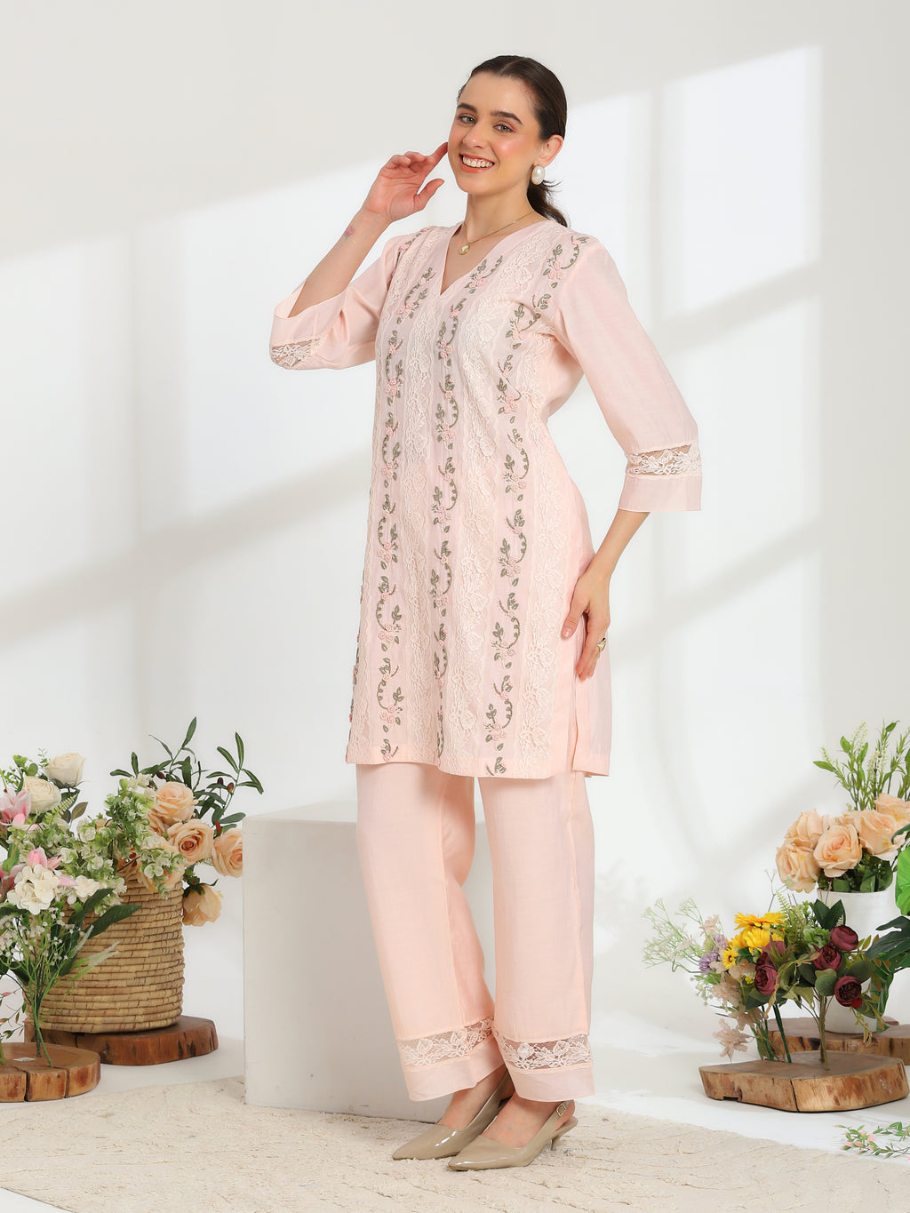 Rosella Bloom Hand Embroidered French lace Cotton Silk Kurta set