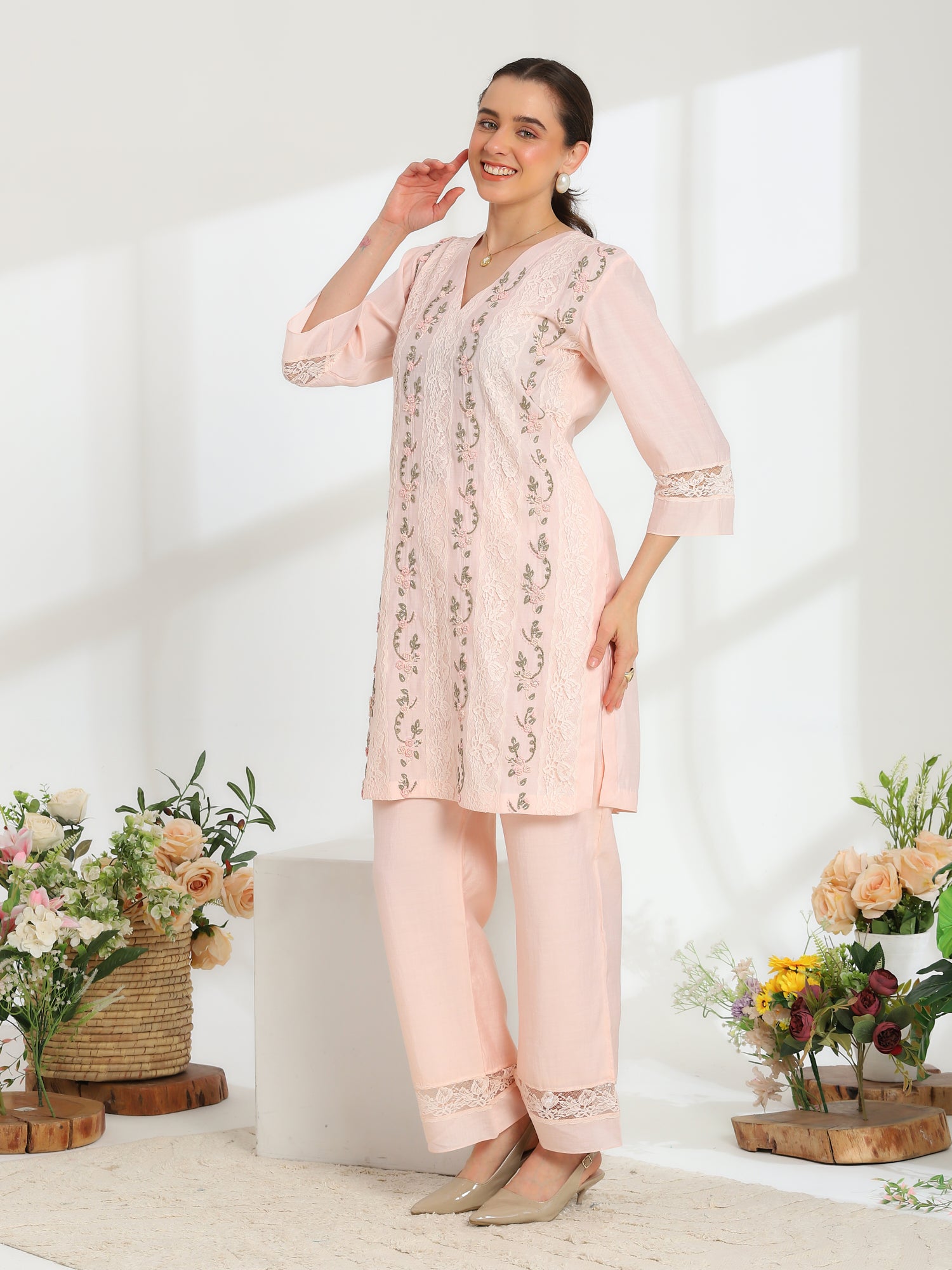 Rosella Bloom Hand Embroidered French lace Cotton Silk Kurta set