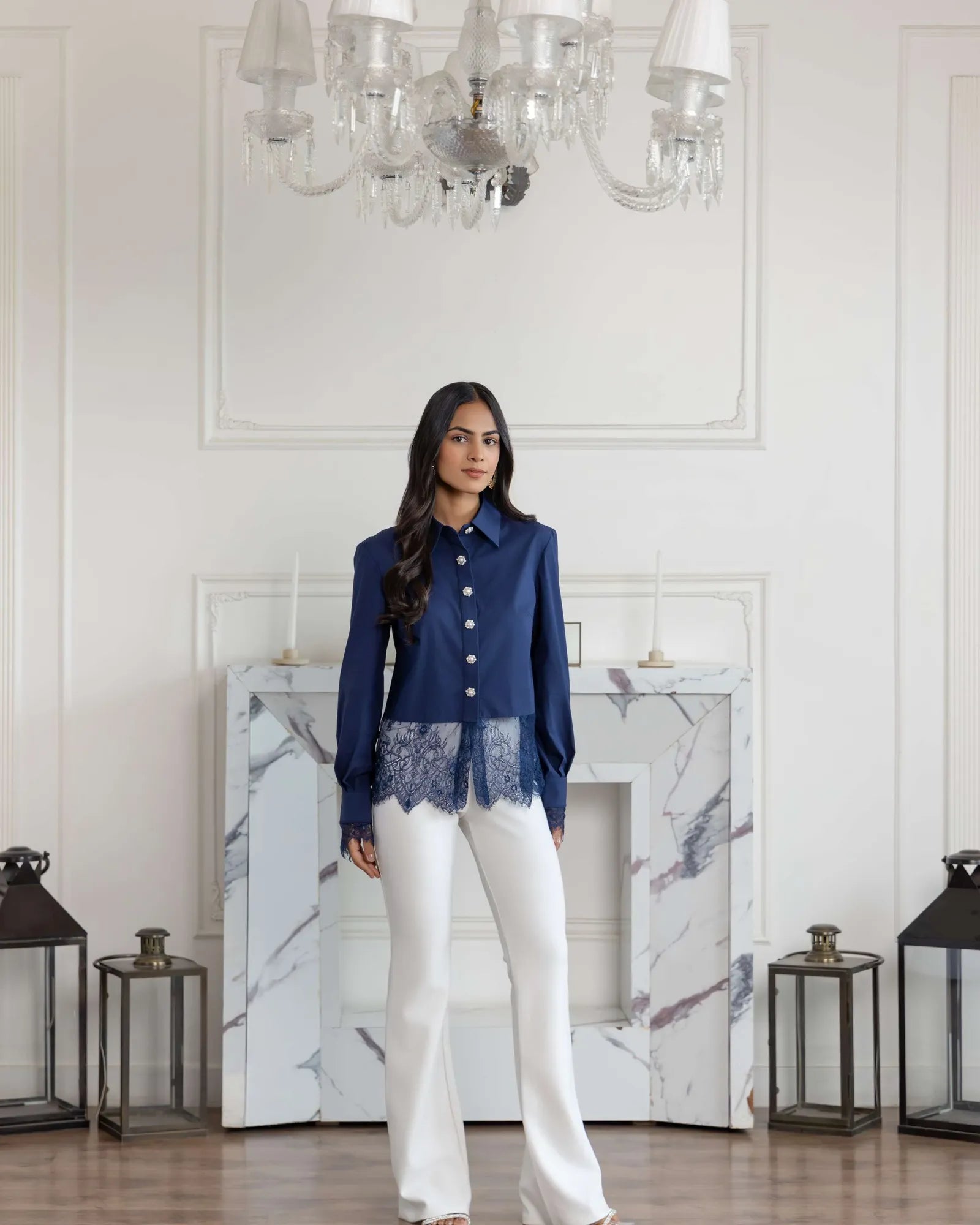 Aureal Blue French Lace Cotton Shirt