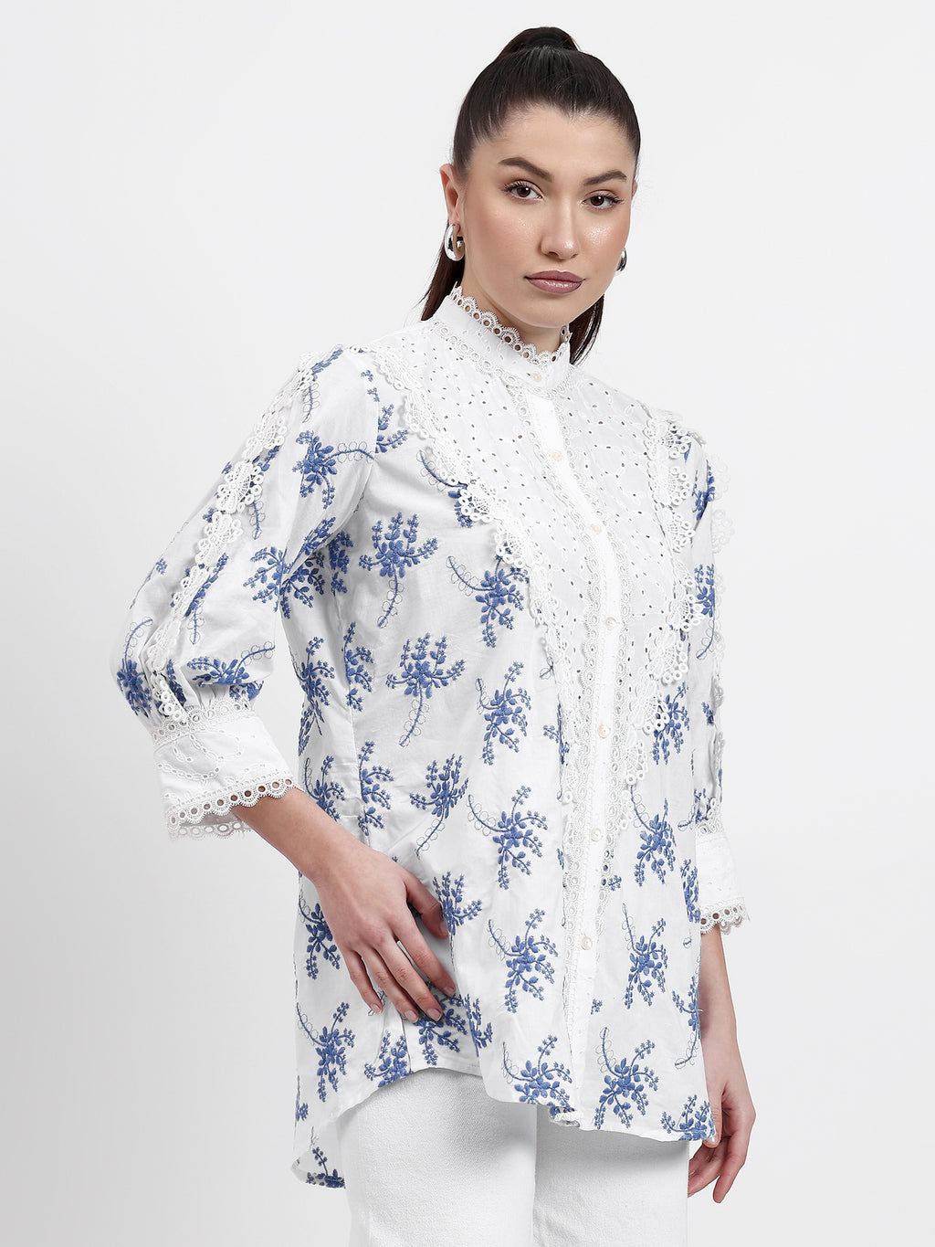 White Chikan and Boota Lace Shirt - Gagan Vohra