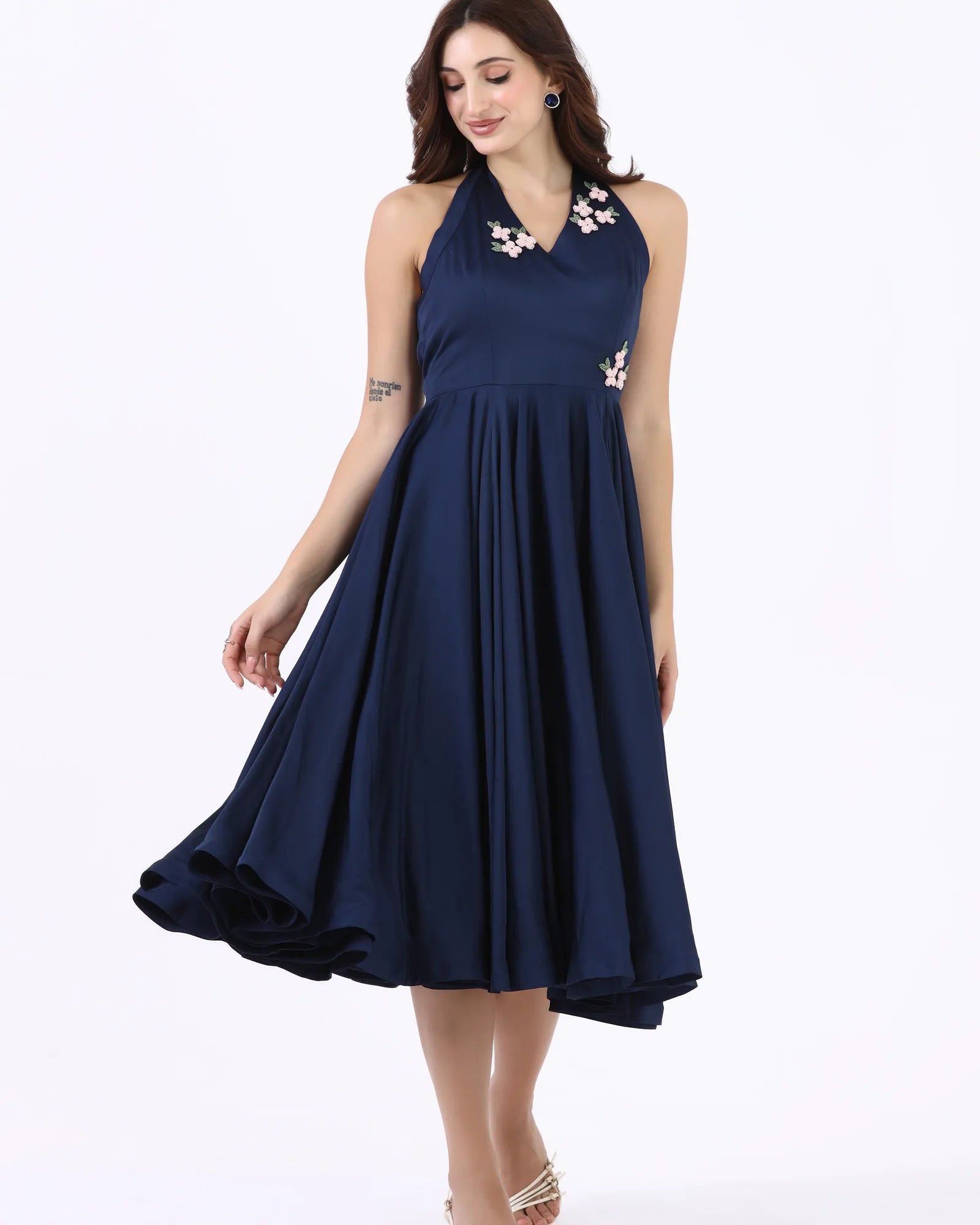 Midnight Blossom Halter Dress