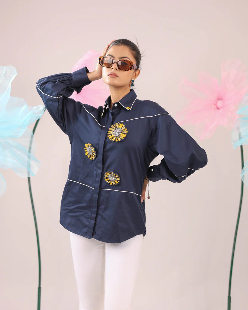 THE NAVY BLUE COTTON SHIRT WITH 3D YELLOW EMBELLISHED FLOWERS