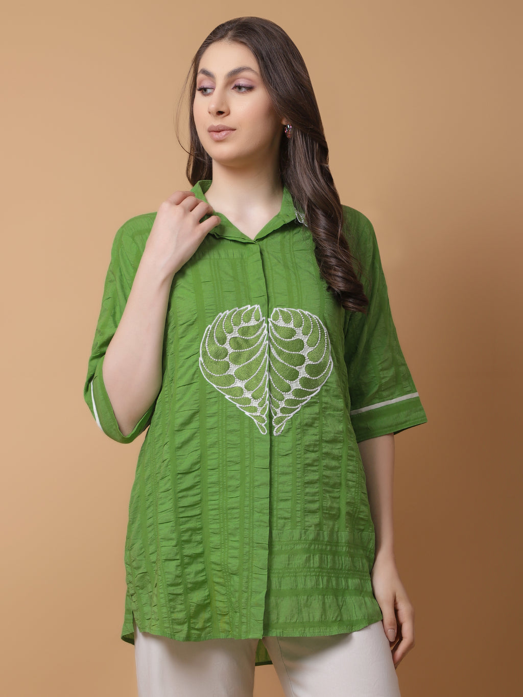 Green Cotton Crushed Embroidered Shirt