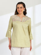 Jade Blossom Embroidered French lace cotton  shirt