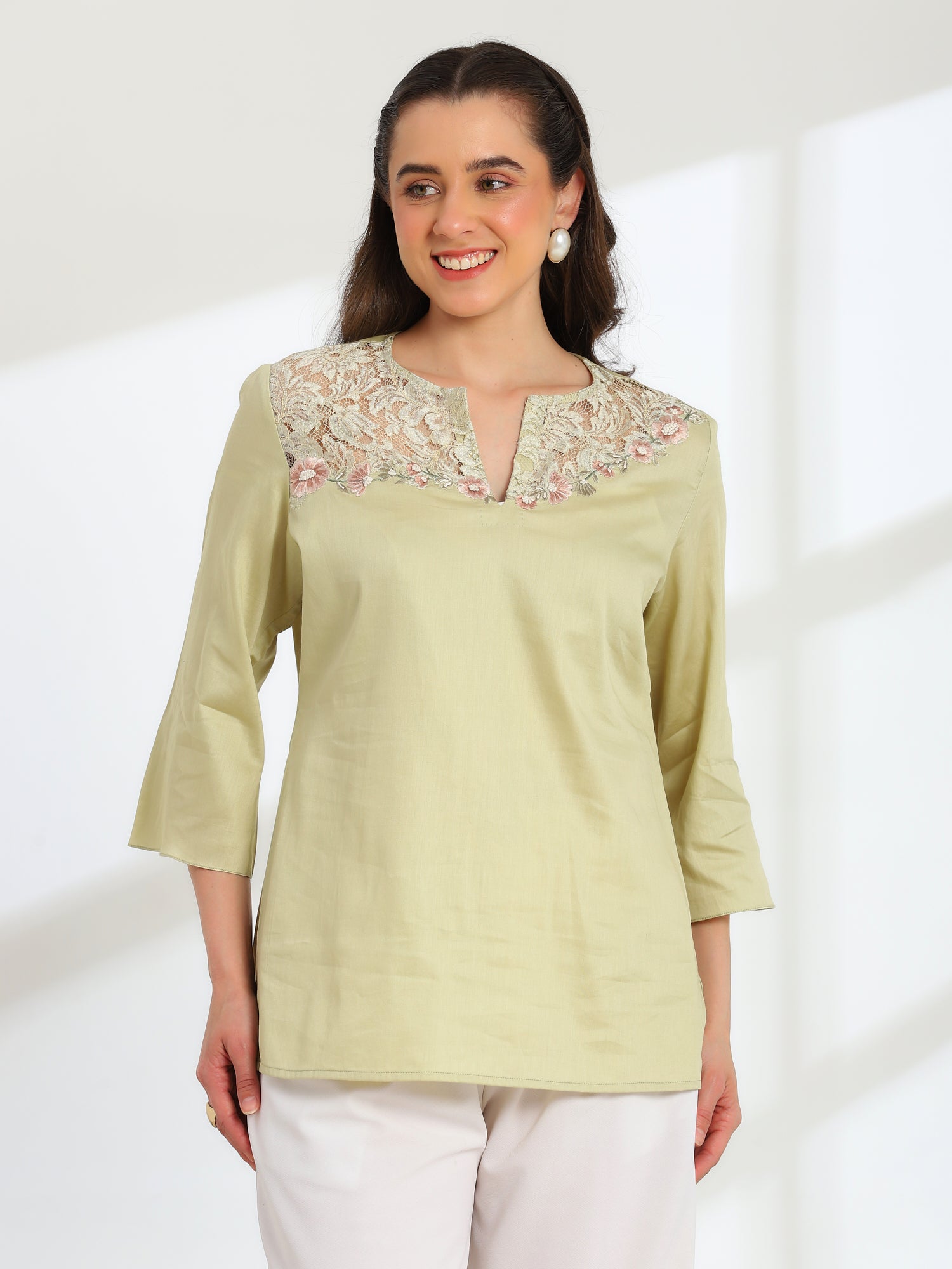 Jade Blossom Embroidered French lace cotton  shirt